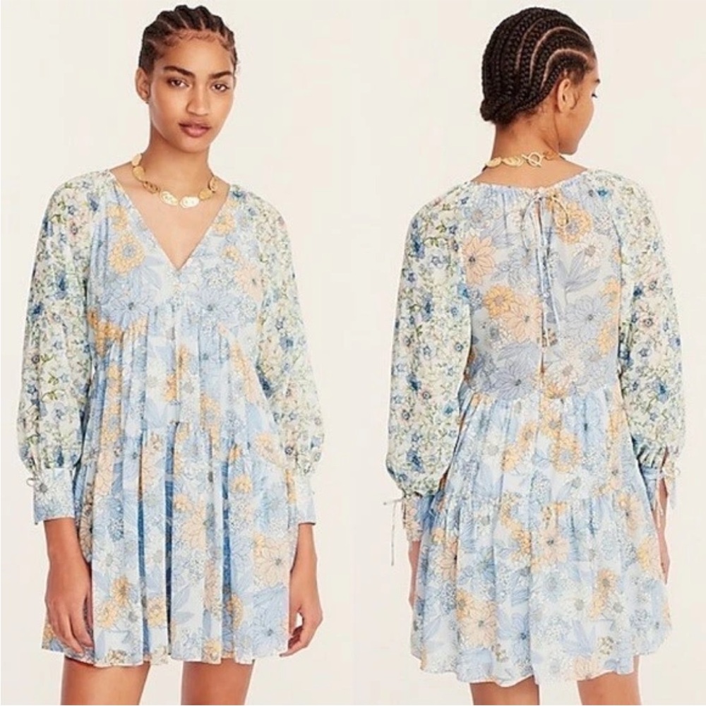 J.CREW Women’s Size 6 Blue Mixed Floral Long Sleeve Crinkle Chiffon Mini Dress‎